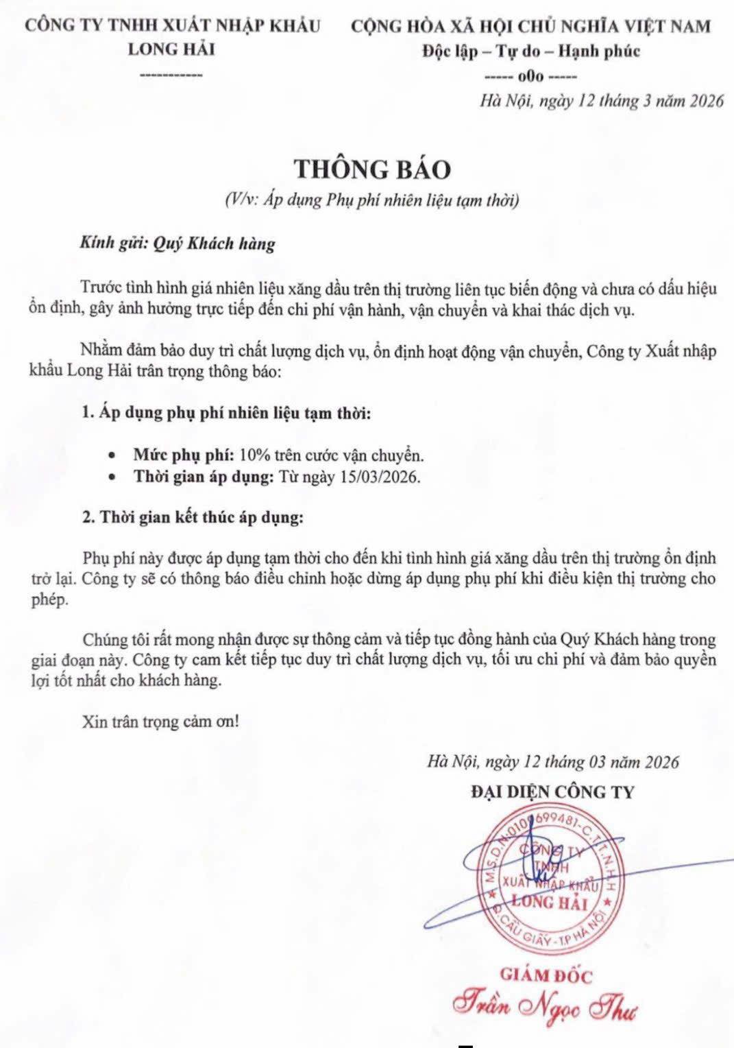 Thông báo về việc áp dụng Phụ phí nhiên liệu tạm thời từ 15/3/2026 Thông báo áp dụng phụ phí nhiên liệu tạm thời.